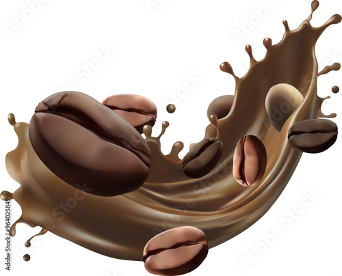 Milk coffee splash with Coffee Bean falling, 3d vector.Mesh gradient wes used