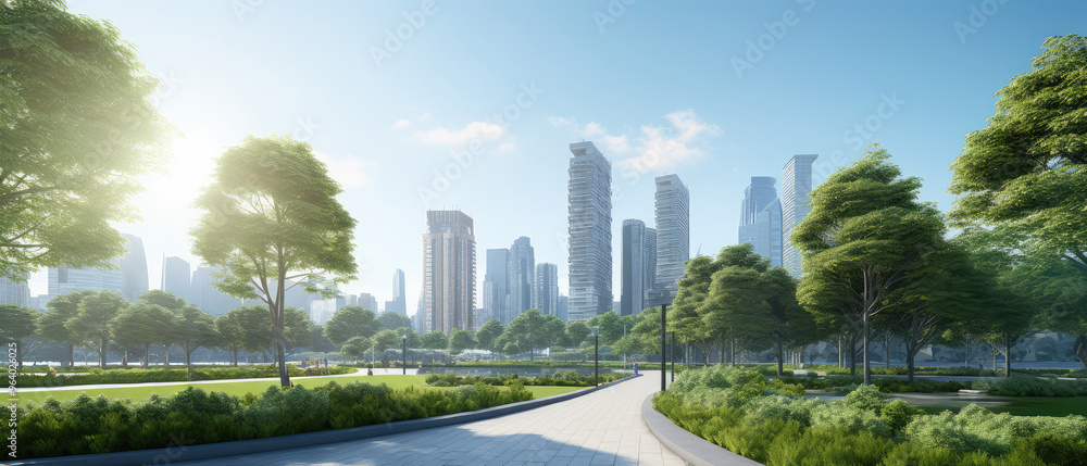 Fototapeta premium Urban Oasis: Green Park Amidst City Skyscrapers
