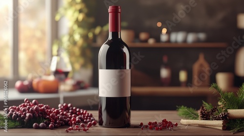 A stylish red wine bottle on a wooden table, surrounded by grapes and a glass, perfect for showcasing elegance and taste.