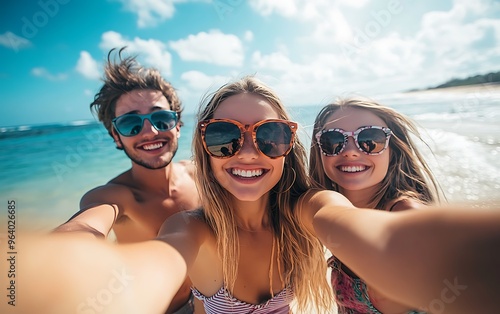 Tropical Beach Bliss: Social Media Influencers Enjoying Ocean Views and Fun Selfie Moments