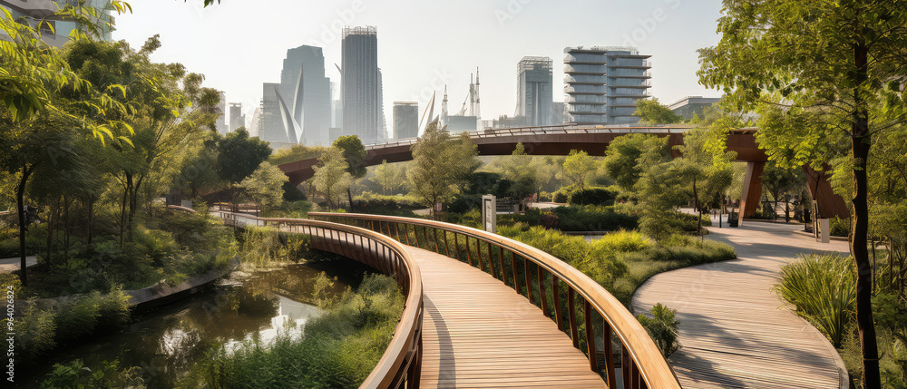 Serene City Park with Curved Wooden Walkway Serene City Park with Curved Wooden Walkway