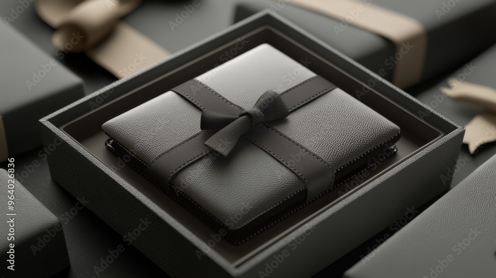 Elegant black gift box with a sleek ribbon, perfect for any occasion or celebration. Elegant black gift box with a sleek ribbon, perfect for any occasion or celebration.