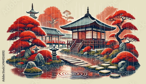 People holding umbrellas in rainy Kyoto. Vector illustration.