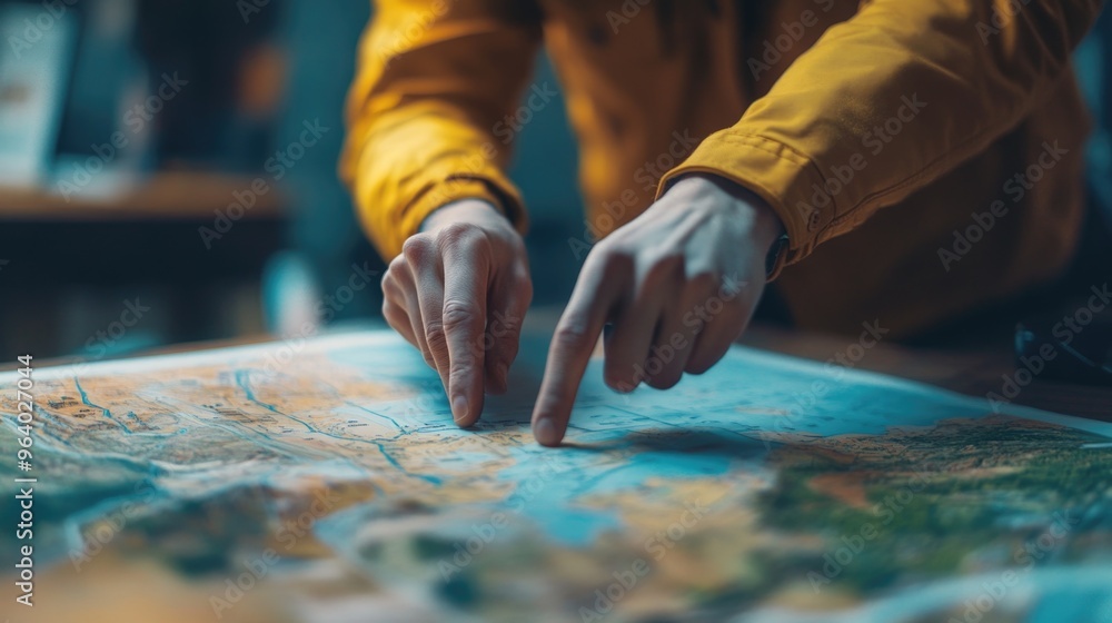 A person in a yellow jacket pointing at a map. The map is blue and white