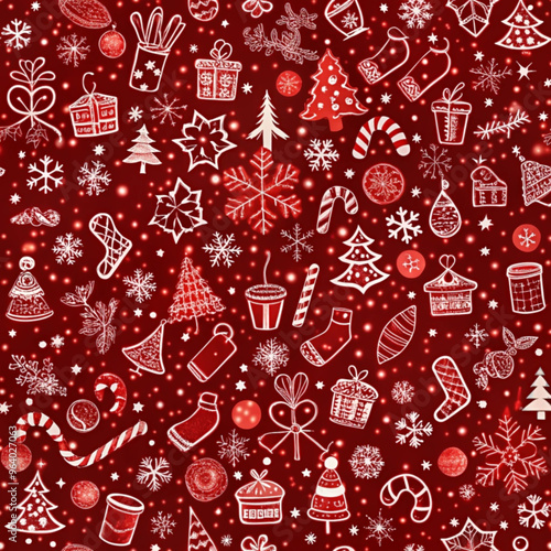 Festive Christmas pattern with gifts, snowflakes, and decorations on red background