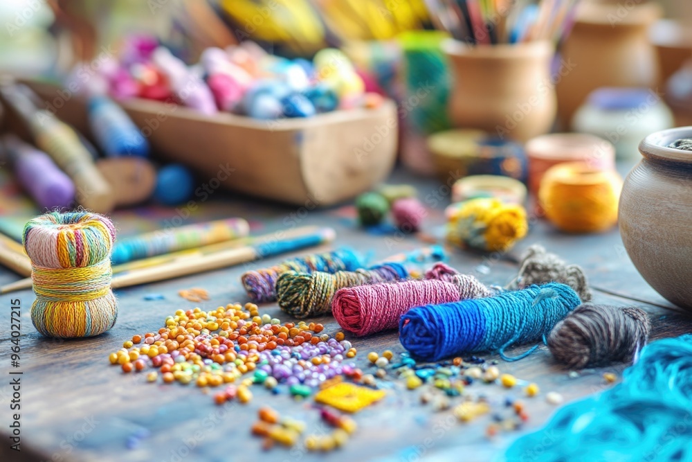 A table with a variety of colorful yarns and beads. The table is cluttered with different colored threads and beads, creating a vibrant and creative atmosphere. The assortment of colors