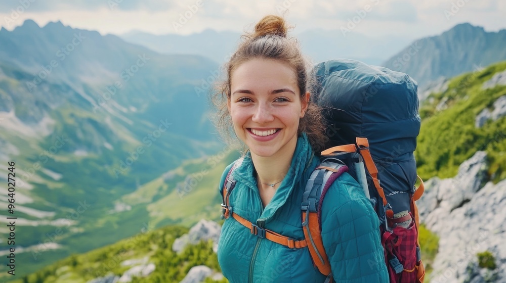 A smiling woman with a backpack on her back is standing on a mountain. Concept of adventure and excitement, as the woman is ready to embark on a journey A smiling woman with a backpack on her back is standing on a mountain. Concept of adventure and excitement, as the woman is ready to embark on a journey