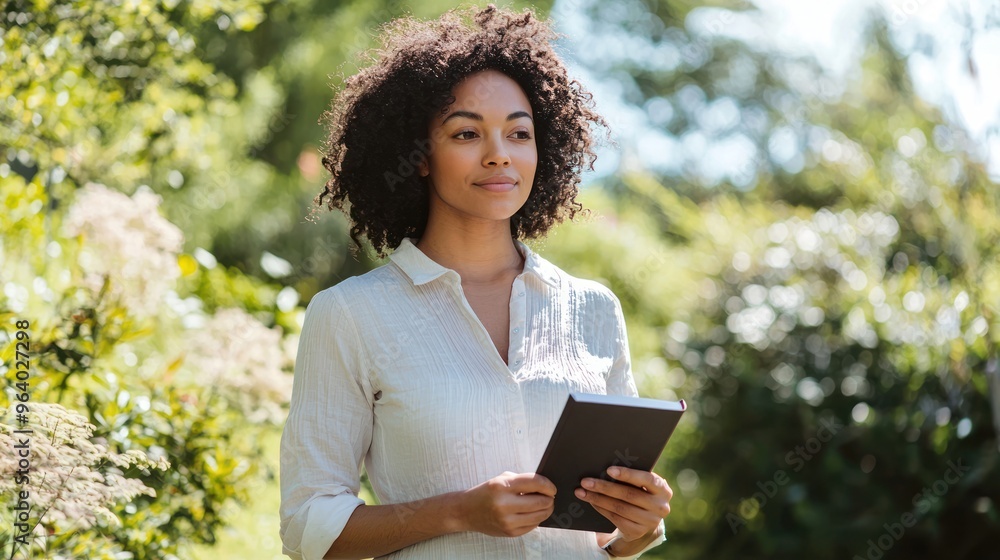 A confident author standing outdoors on a sunny day, holding a book or manuscript and looking thoughtfully into the distance, with a natural backdrop