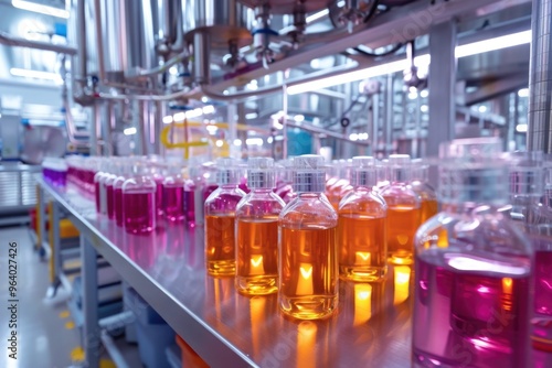 A row of bottles with different colors of liquid on a table. The bottles are arranged in a way that they are all facing the same direction