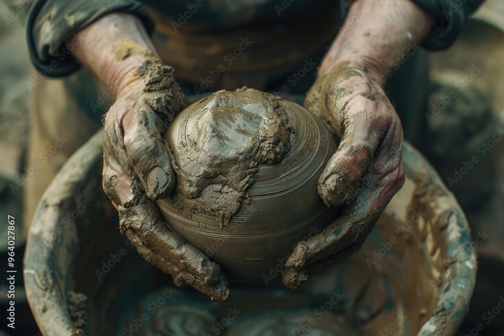 A man is holding a clay ball in his hands. The clay is wet and messy, and the man's hands are covered in it. Concept of creativity and craftsmanship A man is holding a clay ball in his hands. The clay is wet and messy, and the man's hands are covered in it. Concept of creativity and craftsmanship