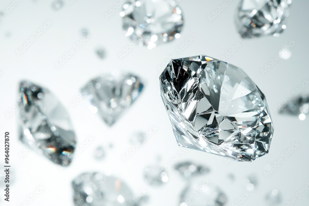 A close up of a diamond with other diamonds surrounding it. The diamonds are all different sizes and are scattered throughout the image. Scene is one of luxury and elegance A close up of a diamond with other diamonds surrounding it. The diamonds are all different sizes and are scattered throughout the image. Scene is one of luxury and elegance