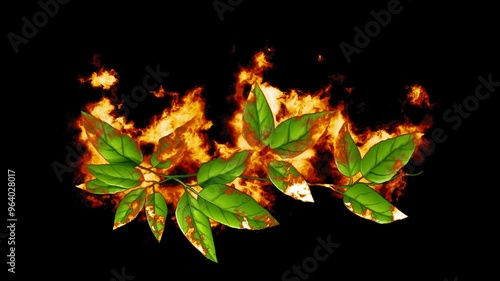 Burning Green Leaves. Fire Effect Animation on Transparent Background Isolated 4K Video. Visual Effects and Motion Graphics Element.