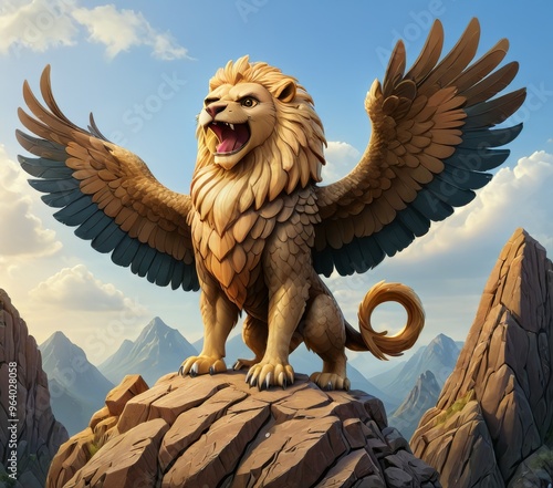 Powerful griffin with golden wings and a lion. AI Generation photo