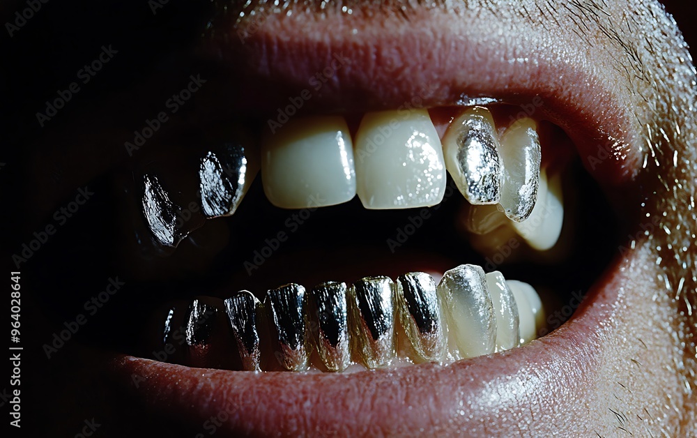 Obraz premium Shiny Silver Teeth Smiling - Close-up of a Man's Mouth with Metallic Dental Implants