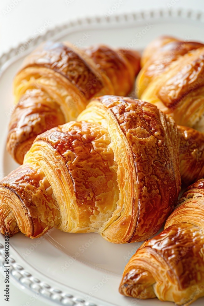 A plate of croissants with a white background. The croissants are golden brown and appear to be freshly baked A plate of croissants with a white background. The croissants are golden brown and appear to be freshly baked