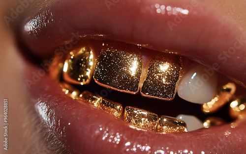 Shimmering Gold Grill on Woman's Mouth - Close-up Fashion Portrait with Metallic Dental Jewelry and Lip Gloss photo