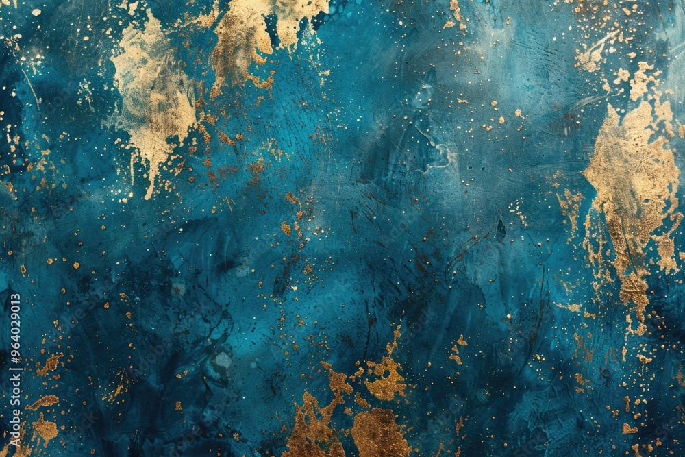 A blue and gold background with splatters of paint. The splatters give the impression of a chaotic and energetic scene A blue and gold background with splatters of paint. The splatters give the impression of a chaotic and energetic scene