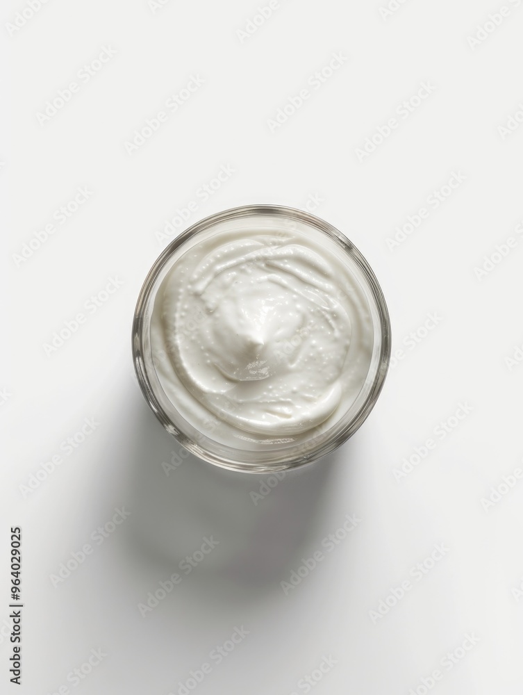 A glass of white cream is sitting on a white table. The cream is thick and creamy, and it looks like it's been whipped. The glass is almost full A glass of white cream is sitting on a white table. The cream is thick and creamy, and it looks like it's been whipped. The glass is almost full