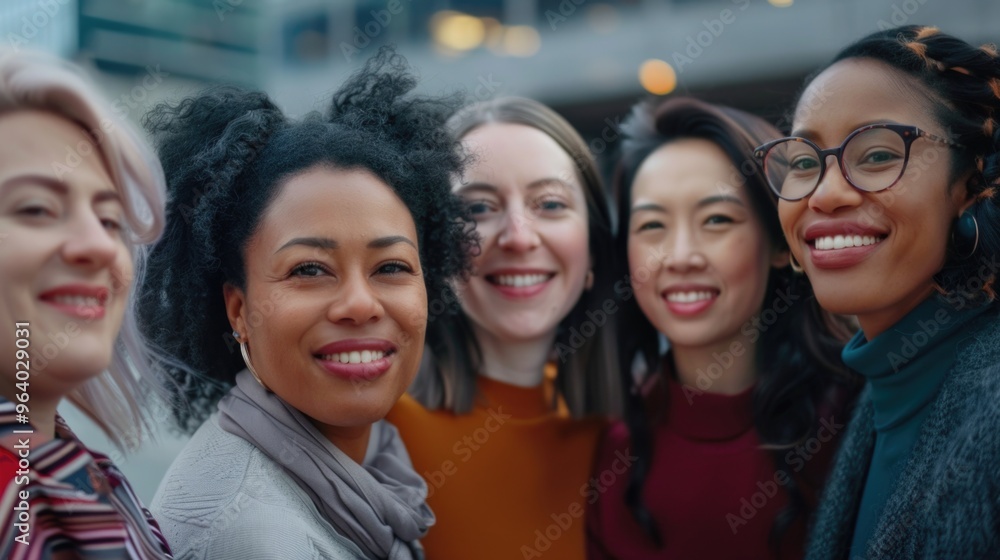 A group of women are smiling and posing for a picture. Scene is happy and friendly A group of women are smiling and posing for a picture. Scene is happy and friendly