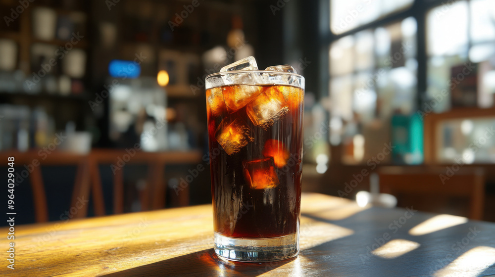 A tall glass of cold brew coffee with ice cubes, set on a cafe table with sunlight streaming in. A tall glass of cold brew coffee with ice cubes, set on a cafe table with sunlight streaming in.