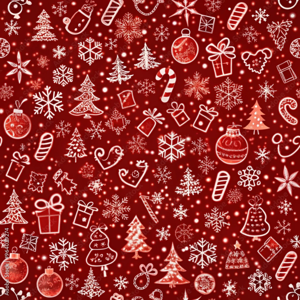 Festive Christmas pattern with gifts, snowflakes, and decorations on red background
Festive Christmas pattern with gifts, snowflakes, and decorations on red background