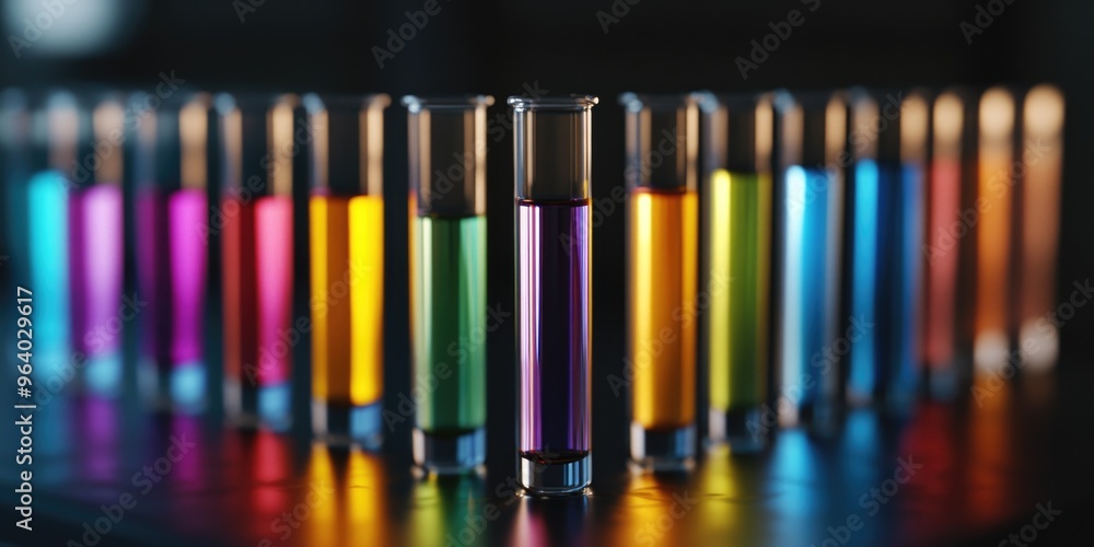 A row of colorful test tubes are lined up on a table. The tubes are filled with different colored liquids, creating a vibrant and eye-catching display. Concept of scientific curiosity A row of colorful test tubes are lined up on a table. The tubes are filled with different colored liquids, creating a vibrant and eye-catching display. Concept of scientific curiosity