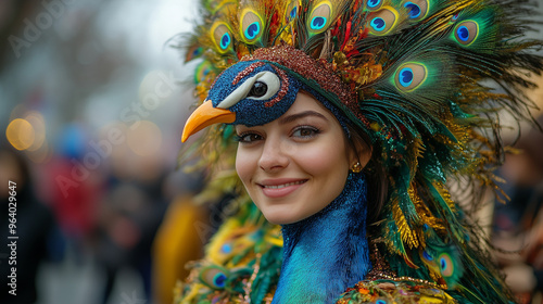 Woman in an elaborate peacock costume with colorful feathers smiles at a cultural carnival celebrating Thanksgiving Day