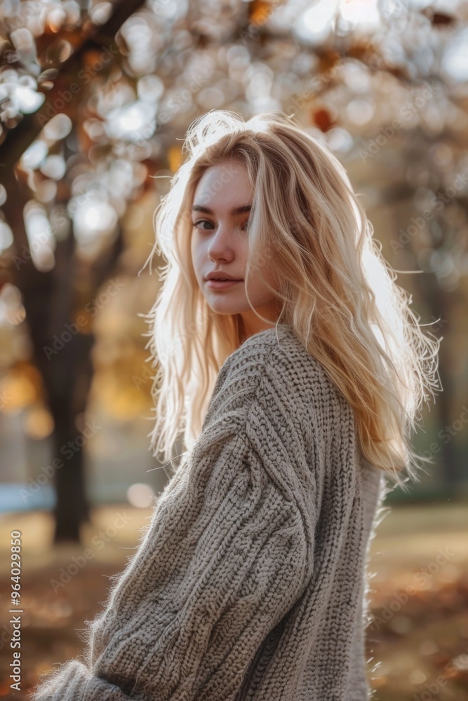 A blonde woman is wearing a sweater and standing in a park. The sweater is knit and has a pattern. The woman is looking at the camera with a smile on her face. Scene is cheerful and relaxed A blonde woman is wearing a sweater and standing in a park. The sweater is knit and has a pattern. The woman is looking at the camera with a smile on her face. Scene is cheerful and relaxed