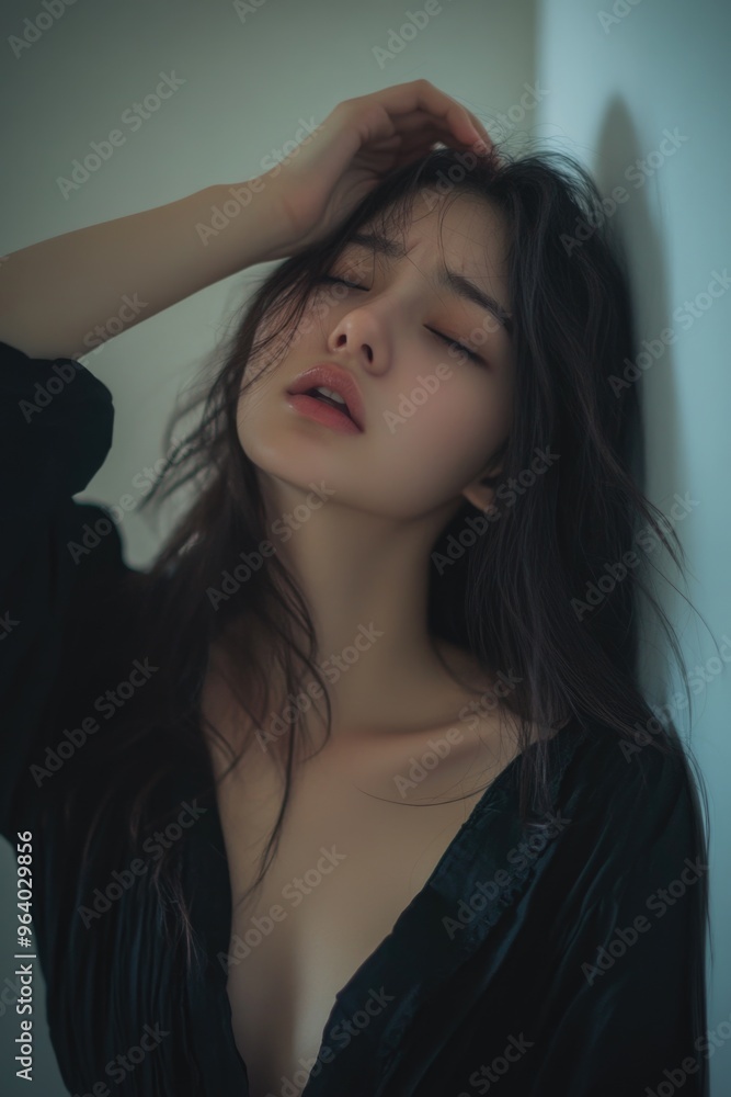 A woman in a black dress is leaning against a wall with her hands on her head. She has a sad expression on her face A woman in a black dress is leaning against a wall with her hands on her head. She has a sad expression on her face