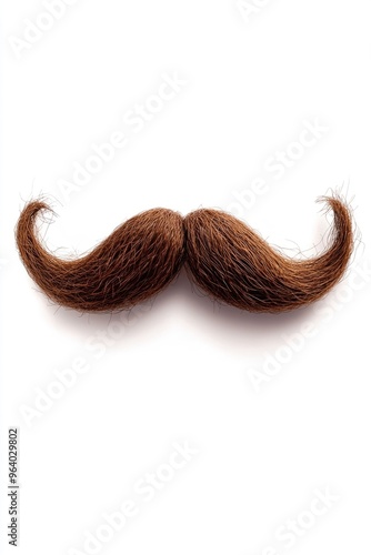 A mustache with a brown color is shown on a white background. The mustache is long and has a messy appearance