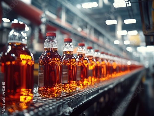 A row of bottles of liquor on a conveyor belt. The bottles are all the same color and are lined up in a row