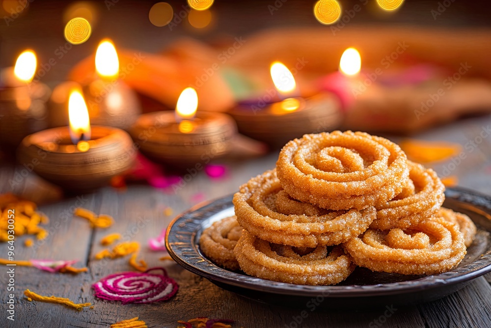 Traditional Indian murukku with oil lamps for celebration. Traditional Indian murukku with oil lamps for celebration.