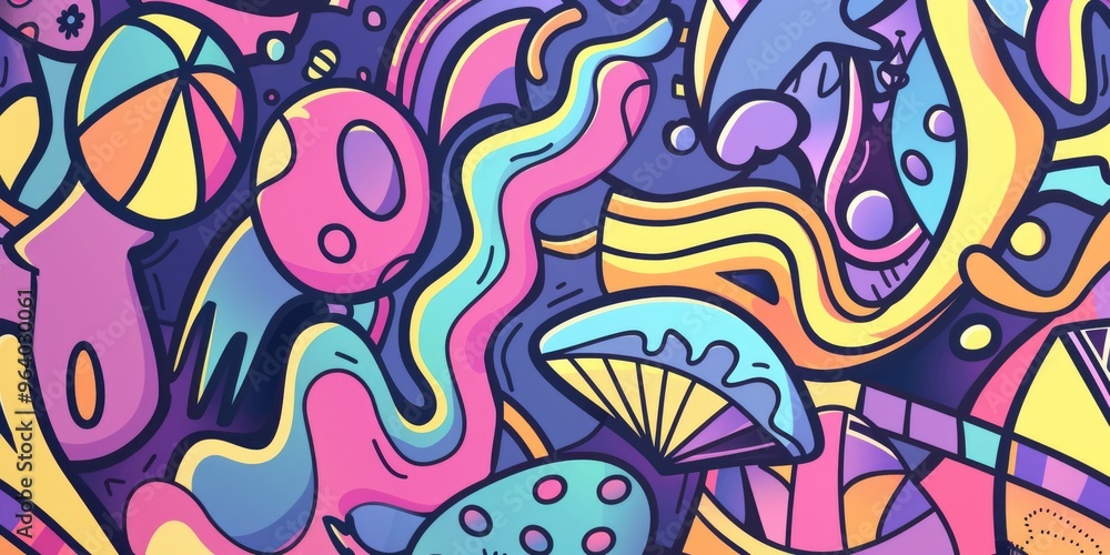 A colorful, psychedelic background with a variety of shapes and objects, including a jellyfish, a squid, and a banana A colorful, psychedelic background with a variety of shapes and objects, including a jellyfish, a squid, and a banana