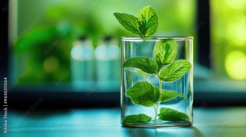 A glass with a green leaf in it A glass with a green leaf in it