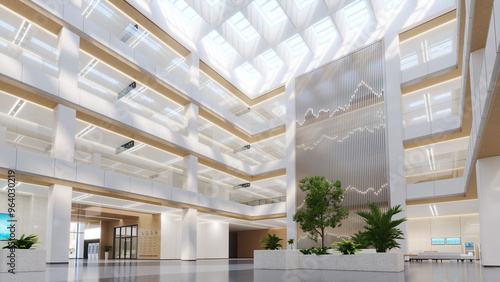 Esthetic and clean modern multi-level hospital lobby, reception and corridors. Private clinic waiting room.