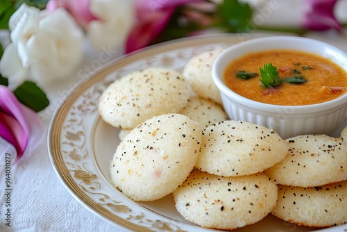 Plate of idli served with sambar and garnished.