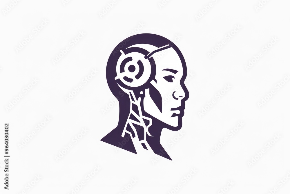 A woman's head with a robot on it. The robot is wearing a headset A woman's head with a robot on it. The robot is wearing a headset