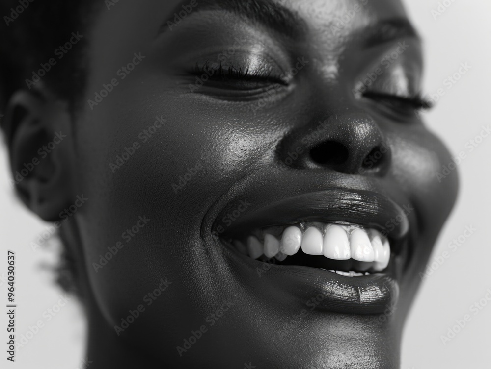 A woman with a big smile on her face. She has a lot of teeth and her eyes are closed A woman with a big smile on her face. She has a lot of teeth and her eyes are closed