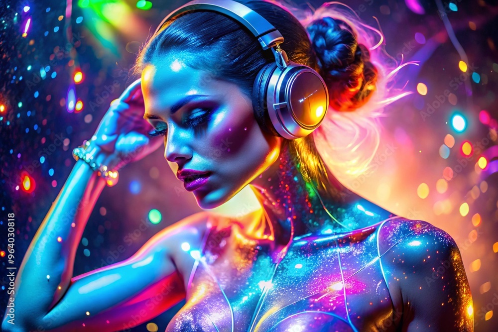 A woman in a futuristic outfit is dancing with her hands in the air A woman in a futuristic outfit is dancing with her hands in the air