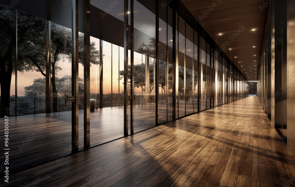 Fototapeta premium Modern Office Corridor with Sunset Panorama