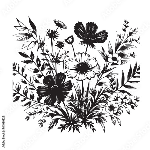 Wildflowers Clipart black vector, black color silhouette ,white colour background