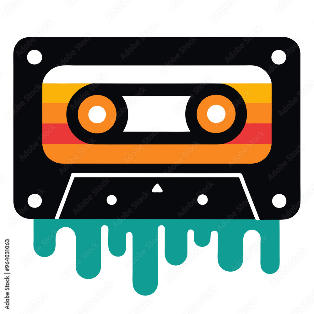 Retro cassette with green paint drips, 1970s style, t-shirt print on white background