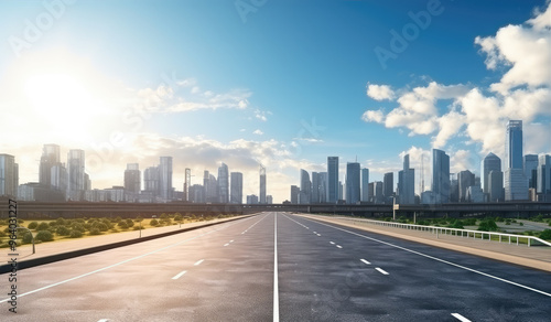 Urban Highway Leading to Modern Skyline