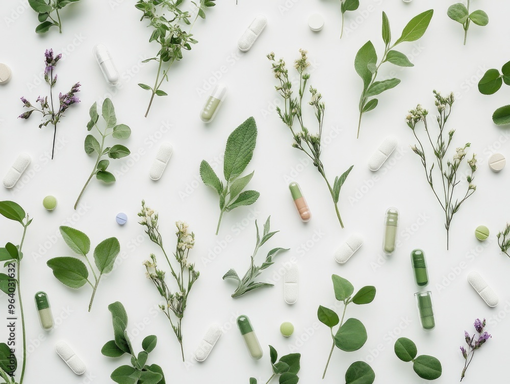 A white background with a variety of pills and herbs scattered throughout. The pills are of different shapes and sizes, and the herbs are of various types and colors A white background with a variety of pills and herbs scattered throughout. The pills are of different shapes and sizes, and the herbs are of various types and colors