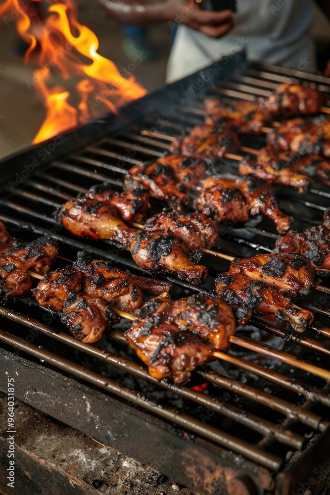 A grill full of meat is cooking on a fire. The meat is marinated and has a blackened appearance A grill full of meat is cooking on a fire. The meat is marinated and has a blackened appearance
