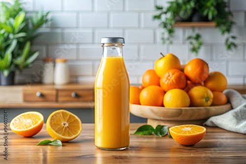 A glass bottle of orange juice sits on a wooden table next to a bowl of oranges