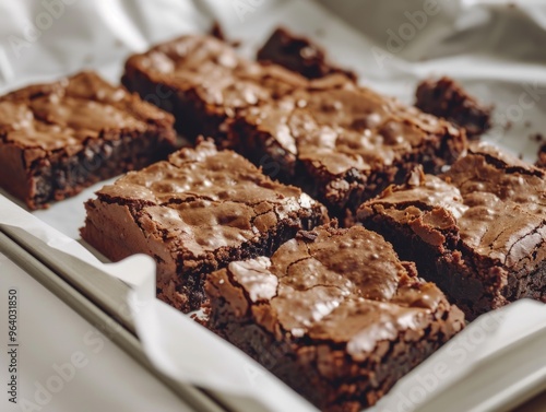 A tray of brownies sits on a white background. The brownies are cut into squares and are arranged in a neat row. Concept of indulgence and satisfaction