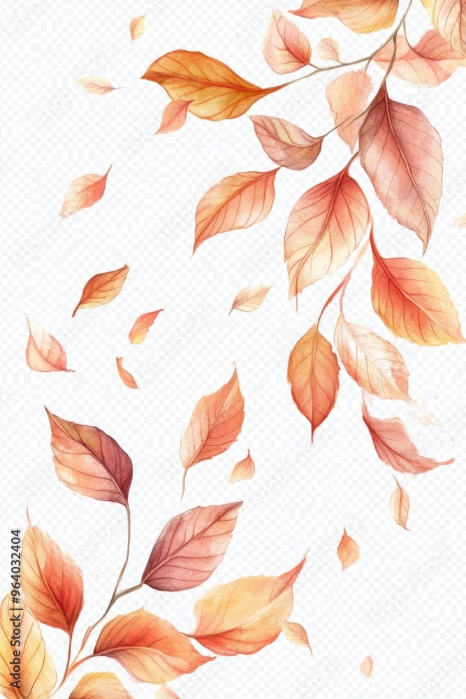Obraz premium A watercolor painting of a tree with orange leaves blowing in the wind. The painting has a serene and peaceful mood, with the leaves floating gracefully in the air