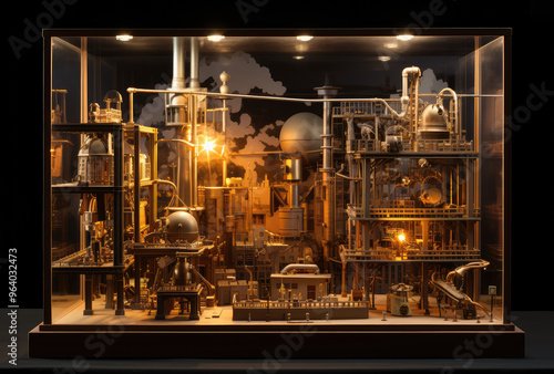 Intricate Industrial Model Display Under Lights