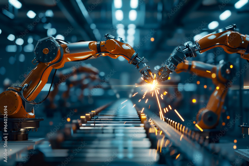 Brazos robóticos automatizados trabajando en una línea de montaje de fabricación industrial con chispas volando Brazos robóticos automatizados trabajando en una línea de montaje de fabricación industrial con chispas volando
